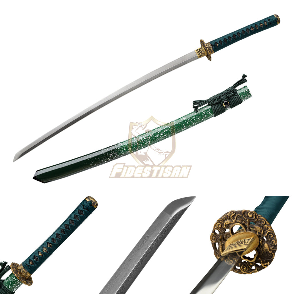 Fidestisan Handmade Katana Samurai Japanese Damascus Steel Real Sword Full Tang Sharp Green Triangle