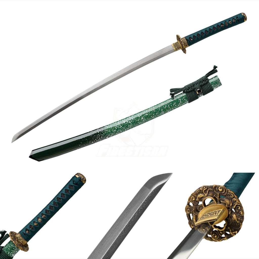 Fidestisan Handmade Katana Samurai Japanese Damascus Steel Real Sword Full Tang Sharp Green Triangle