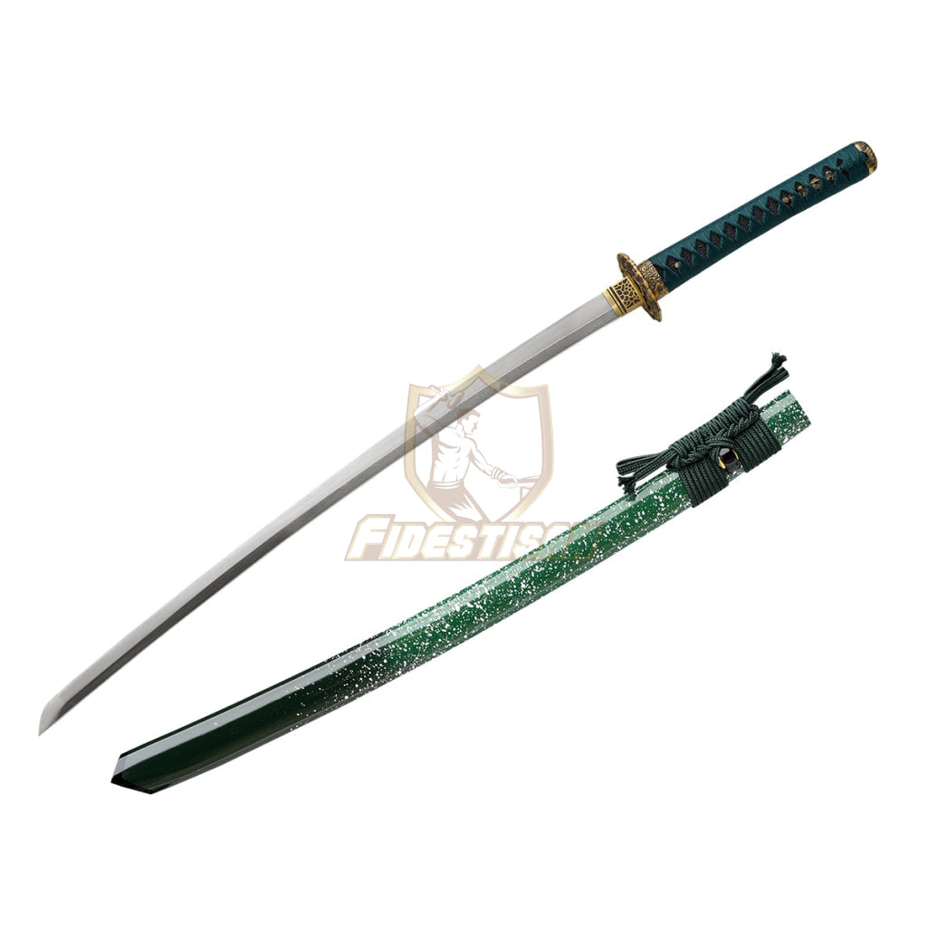 Fidestisan Handmade Katana Samurai Japanese Damascus Steel Real Sword Full Tang Sharp Green Triangle