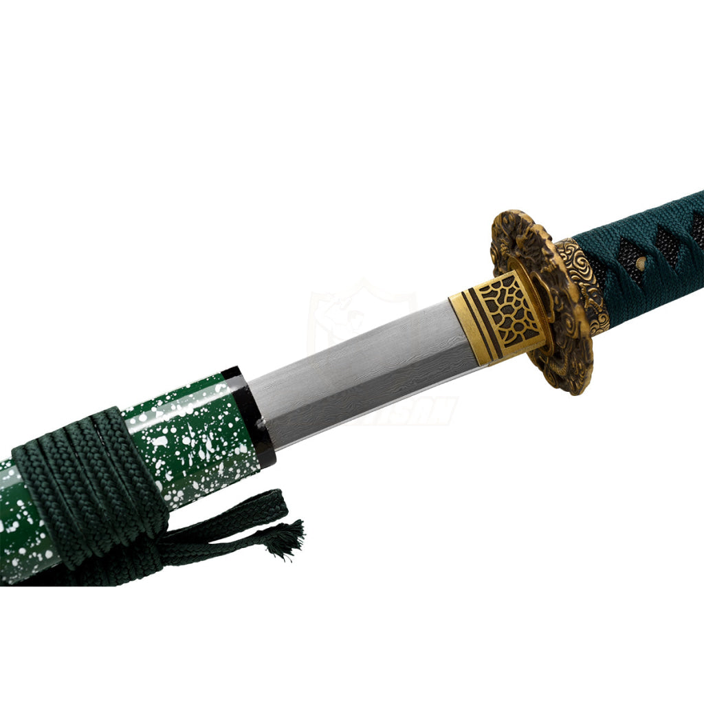 Fidestisan Handmade Katana Samurai Japanese Damascus Steel Real Sword Full Tang Sharp Green Triangle