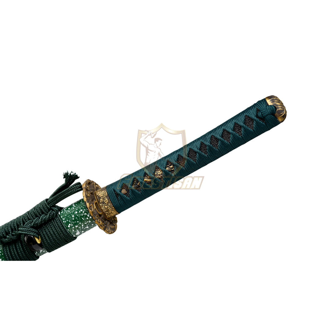 Fidestisan Handmade Katana Samurai Japanese Damascus Steel Real Sword Full Tang Sharp Green Triangle