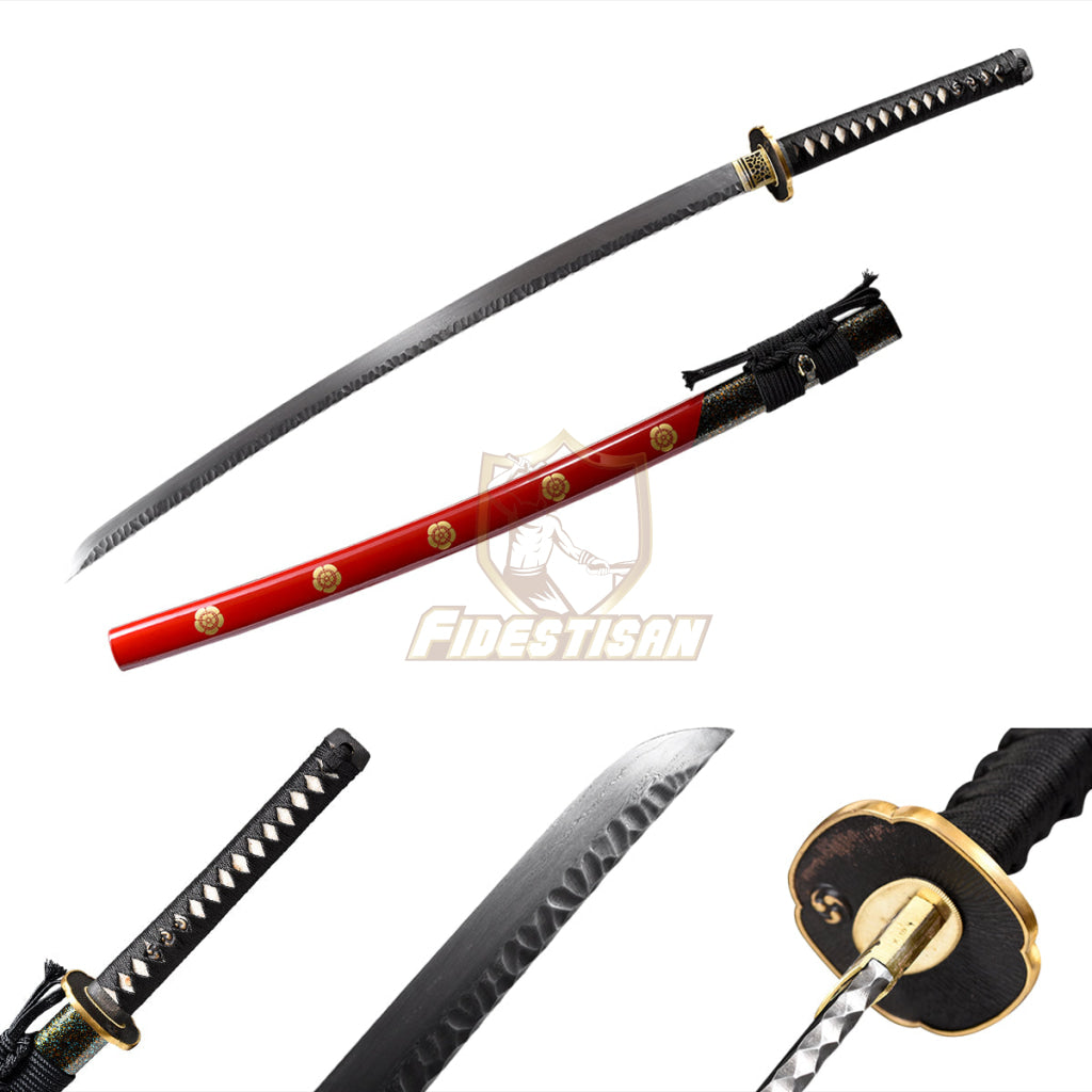 Fidestisan Handmade Katana Samurai Japanese Damascus Steel Real Sword Full Tang Sharp Red Saya