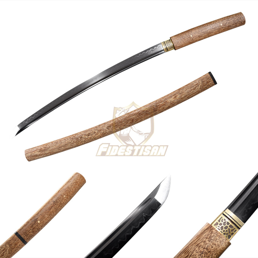 Fidestisan Japanesn Wakizashi Samurai Short Sword Katana T10 Steel Blade Real Full Tang 55Hrc Wood