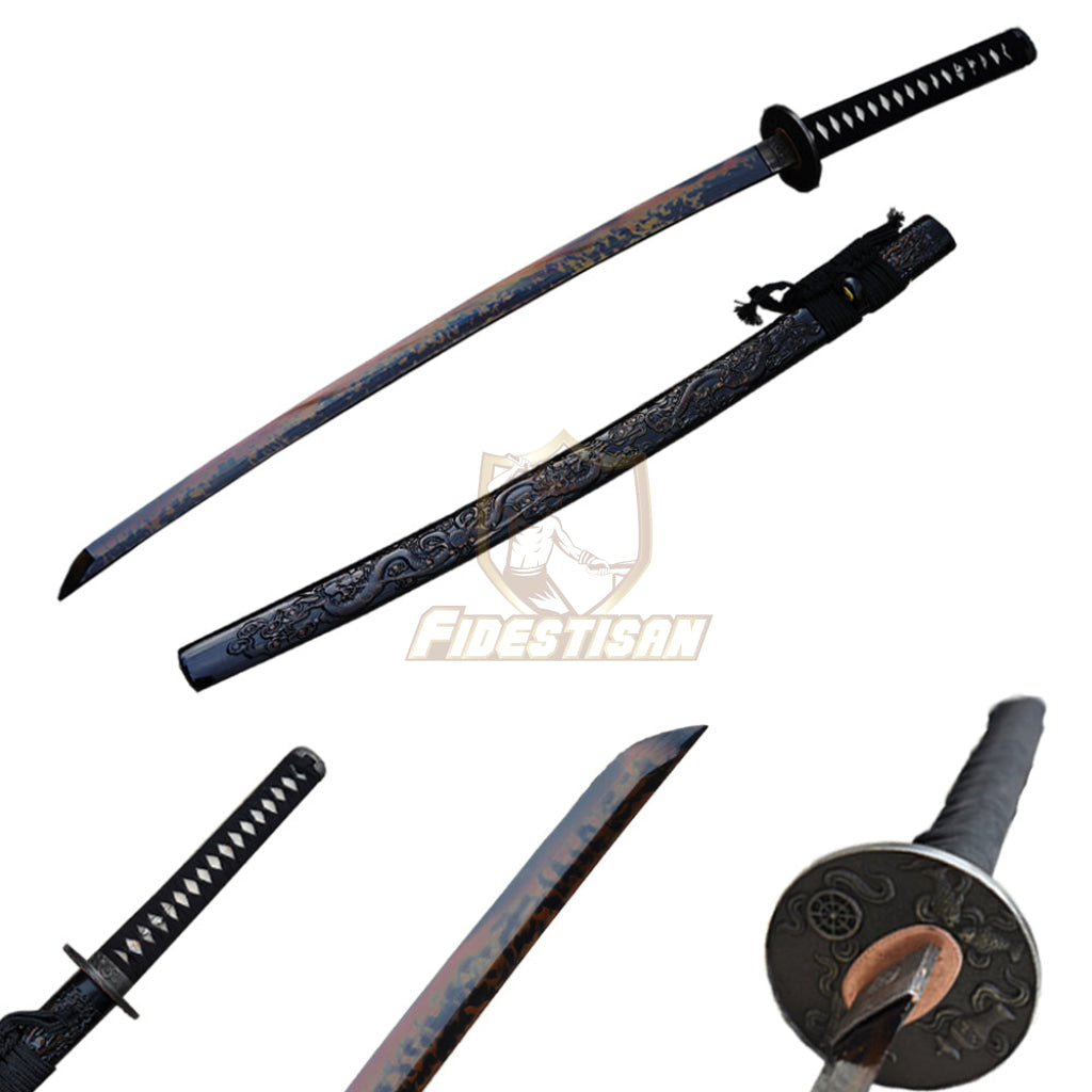 Fidestisan Ktcy317 Handmade Saya Katana T10 Steel Black+Red Black Blade Clay Tempered Samurai