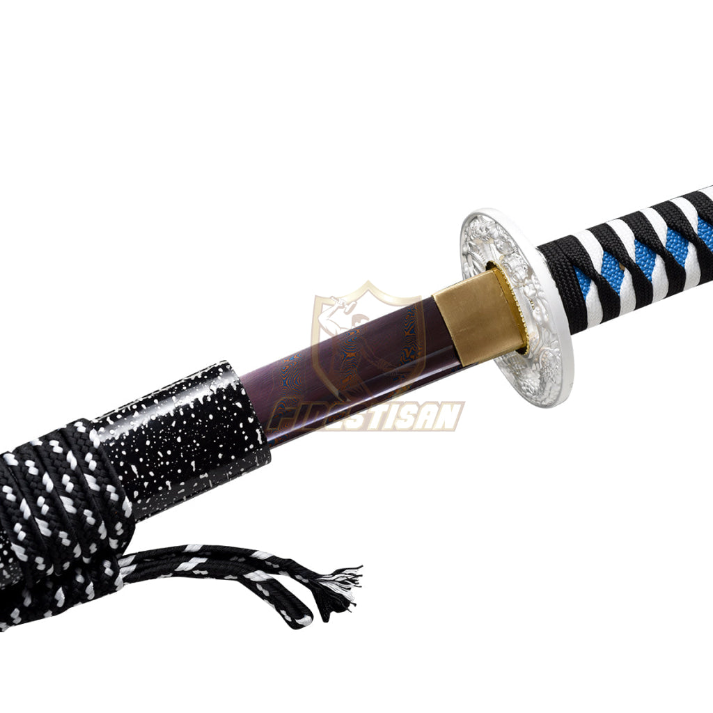 Handmade Japanese Sword Twist Damascus Steel Blue Purple Blade Katana Samurai Sharp Full Tang Silver