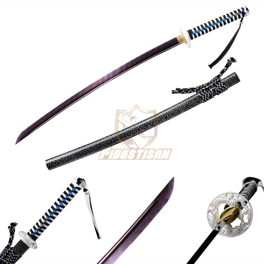 Handmade Japanese Sword Twist Damascus Steel Blue Purple Blade Katana Samurai Sharp Full Tang Silver