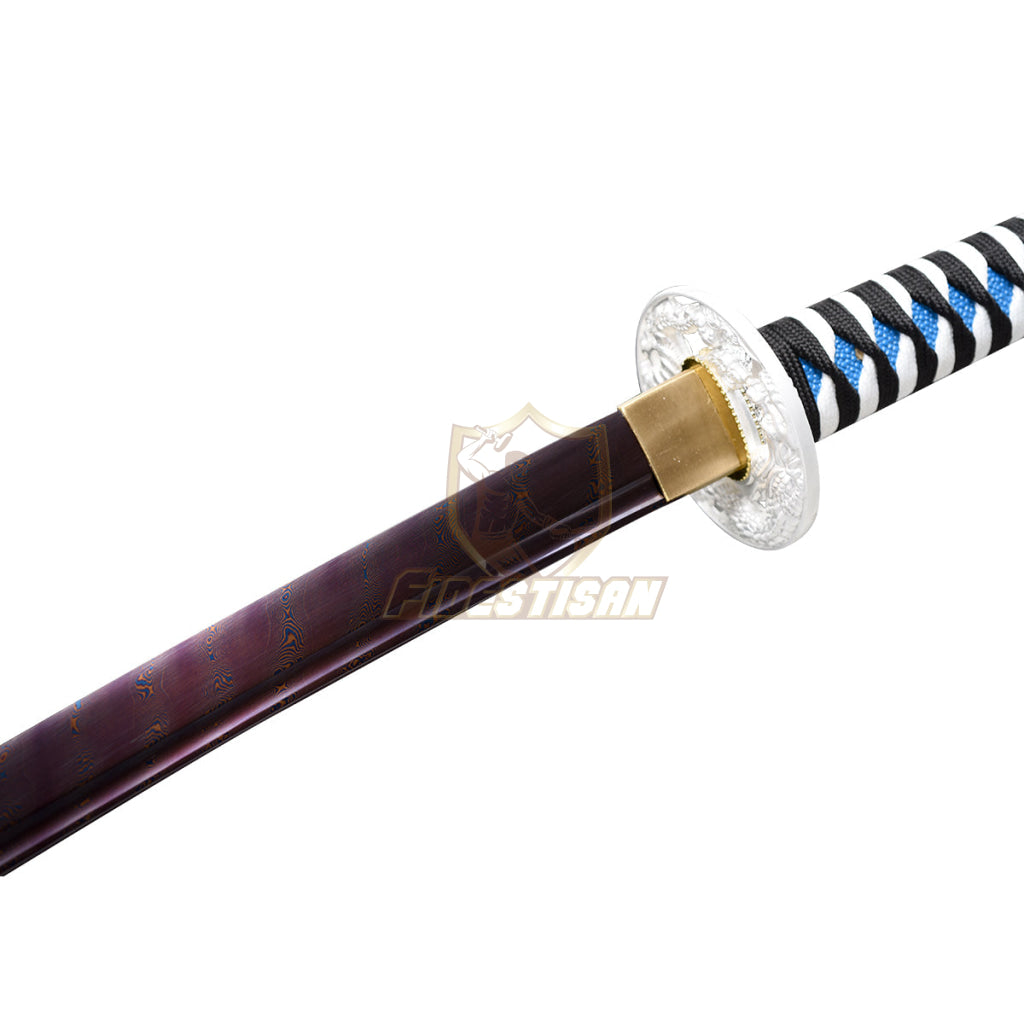 Handmade Japanese Sword Twist Damascus Steel Blue Purple Blade Katana Samurai Sharp Full Tang Silver