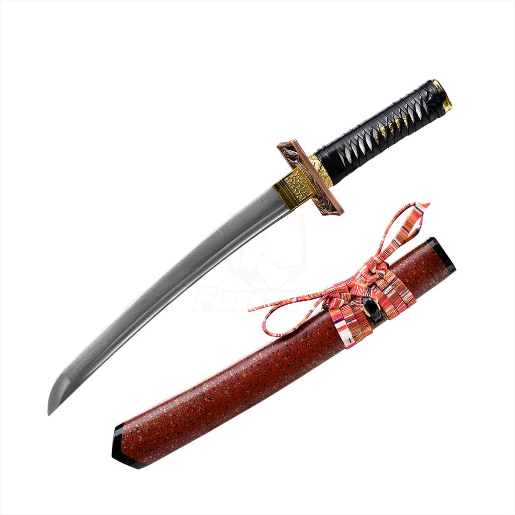 Japanese 20Inch Real Tantou Damascus Steel Katana Samurai Sword Sharp Full Tang Red Saya Dragon