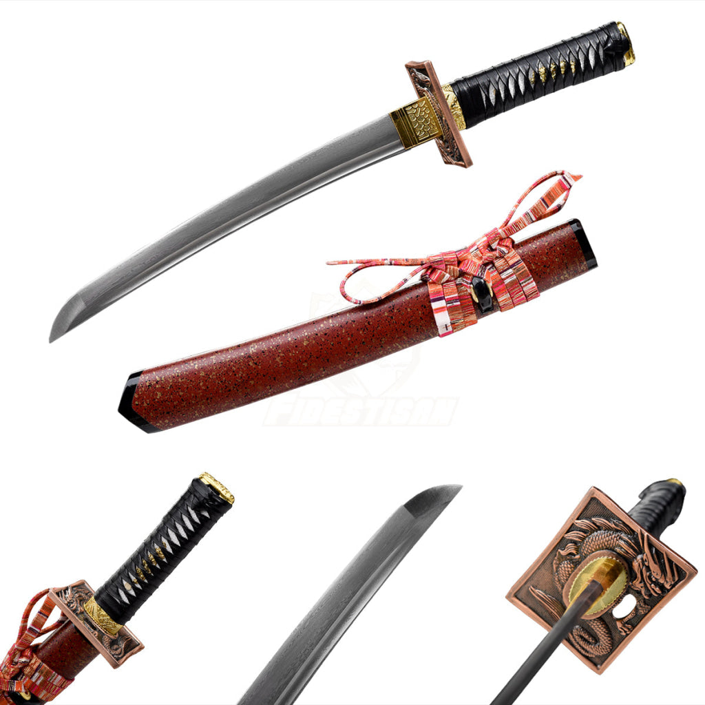 Japanese 20Inch Real Tantou Damascus Steel Katana Samurai Sword Sharp Full Tang Red Saya Dragon