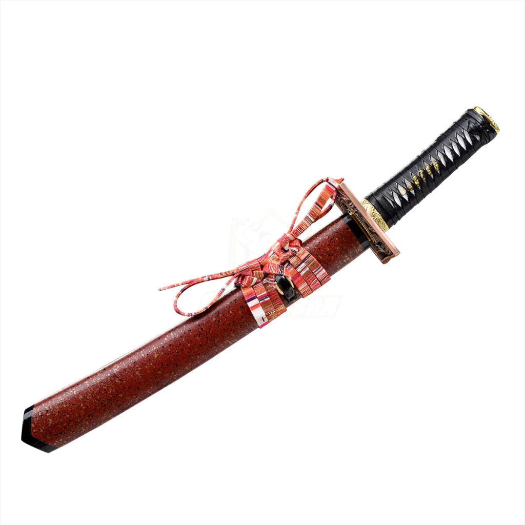Japanese 20Inch Real Tantou Damascus Steel Katana Samurai Sword Sharp Full Tang Red Saya Dragon