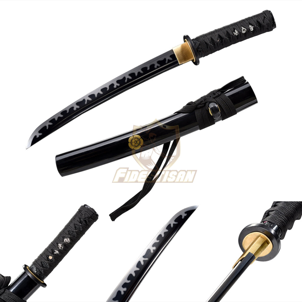 Japanese Katana Samurai Real Tanto 20Inch Spring Steel 9260 Flame Black Blade Oil Tempered Full Tang