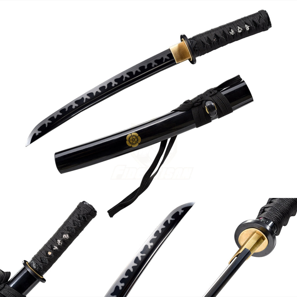 Japanese Katana Samurai Real Tanto 20Inch Spring Steel 9260 Flame Black Blade Oil Tempered Full Tang