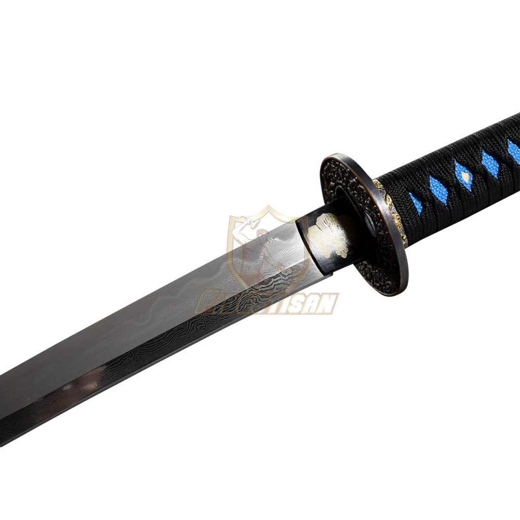 Katana Damascus Steel Clay Tempered Blade Japanese Samurai Sword Full Tang Sharp Alloy Tsuba