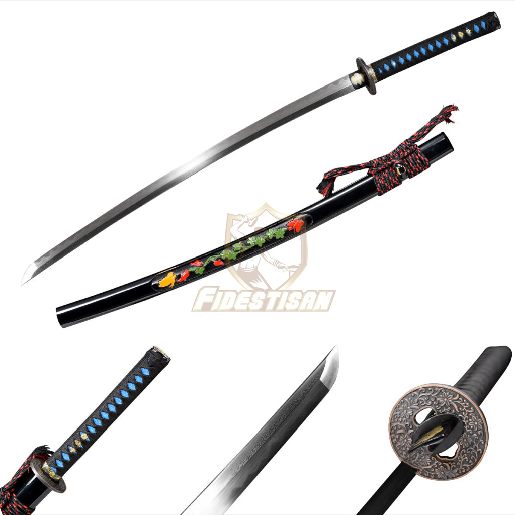 Katana Damascus Steel Clay Tempered Blade Japanese Samurai Sword Full Tang Sharp Alloy Tsuba