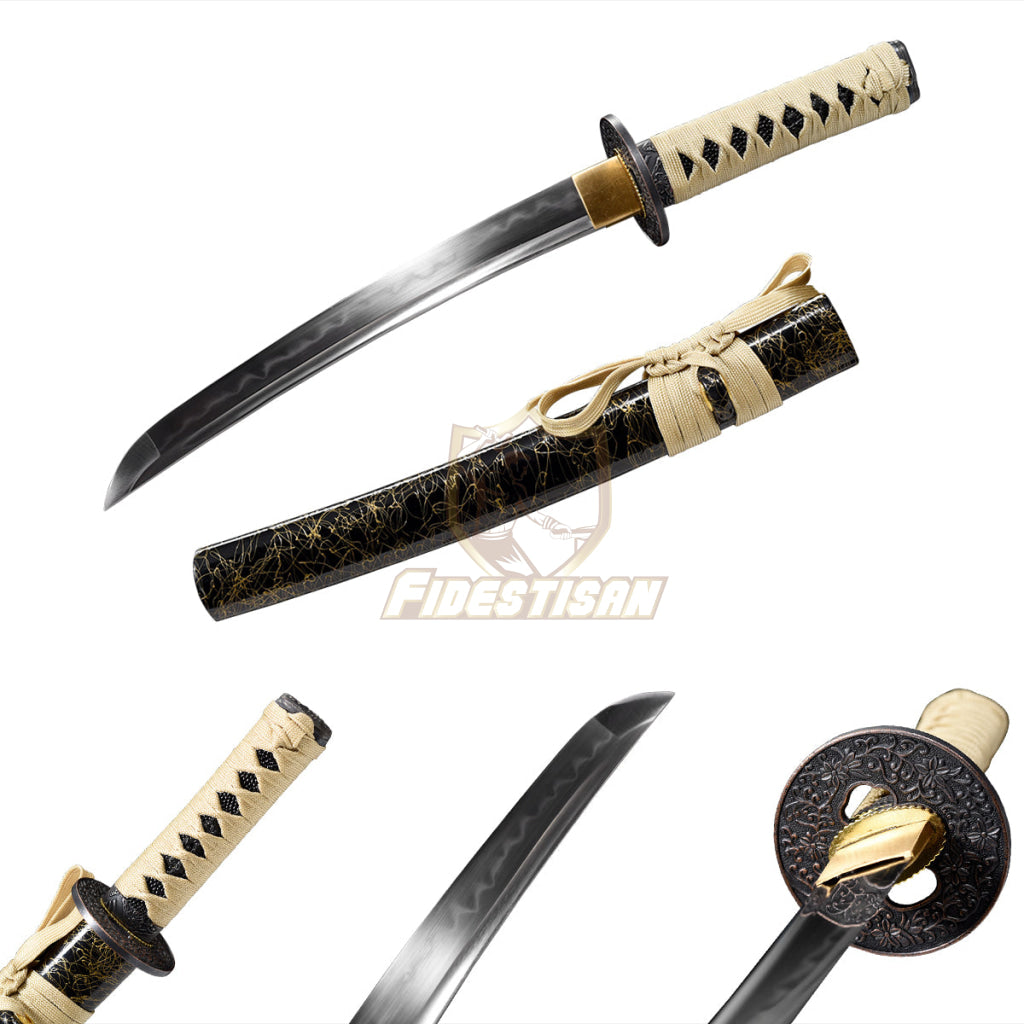 Tantou Katana Sword T10 Steel Clay Tempered Flame Blade Japanese Samurai Real Sharp Full Tang 20Inch