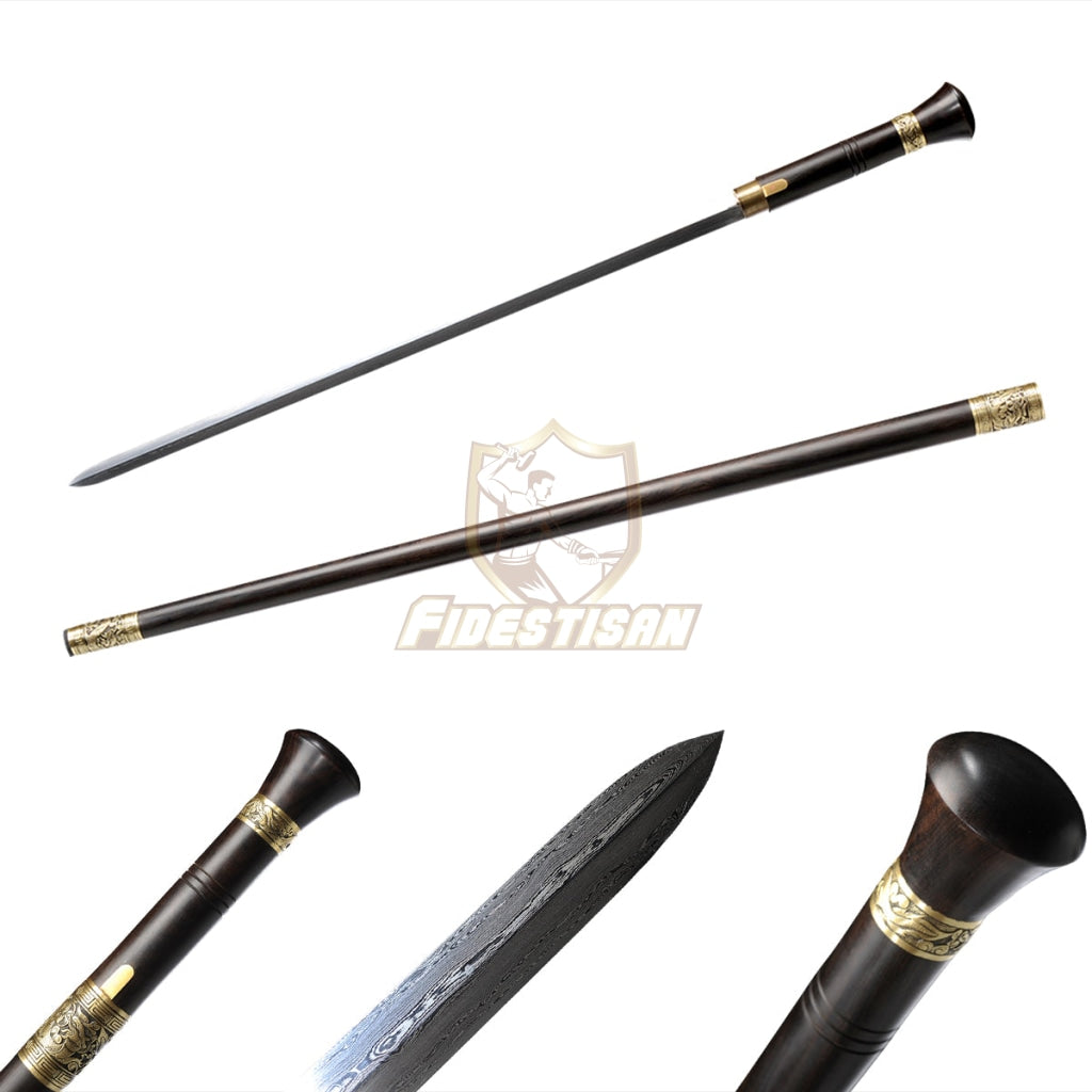 36Inch Walking Sticks Sword Damascus Steel Rosewood Hand Carving Copper Accessories Opcn211