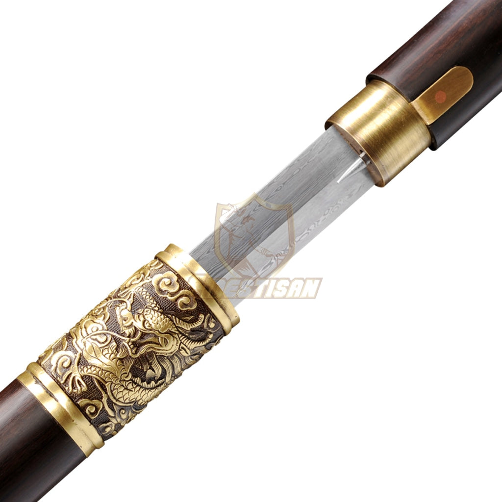 36Inch Walking Sticks Sword Dragon Damascus Steel Rosewood Hand Carving Copper Accessories Opcn209