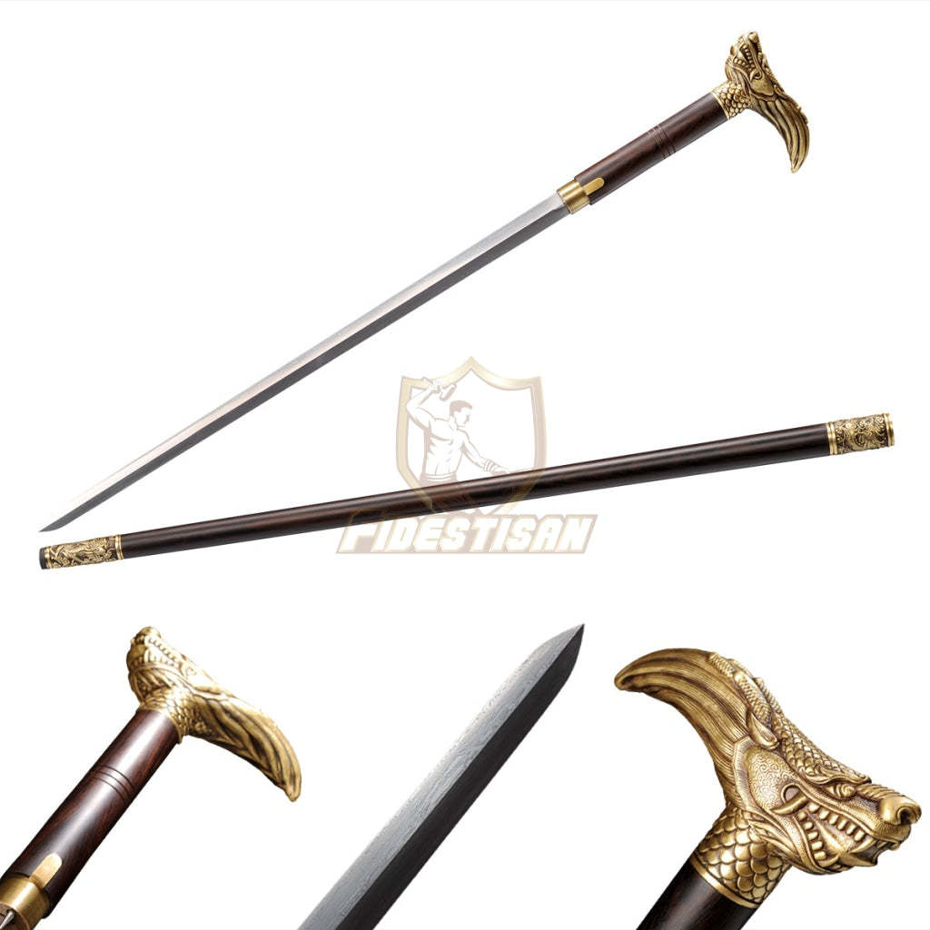 36Inch Walking Sticks Sword Dragon Damascus Steel Rosewood Hand Carving Copper Accessories Opcn209