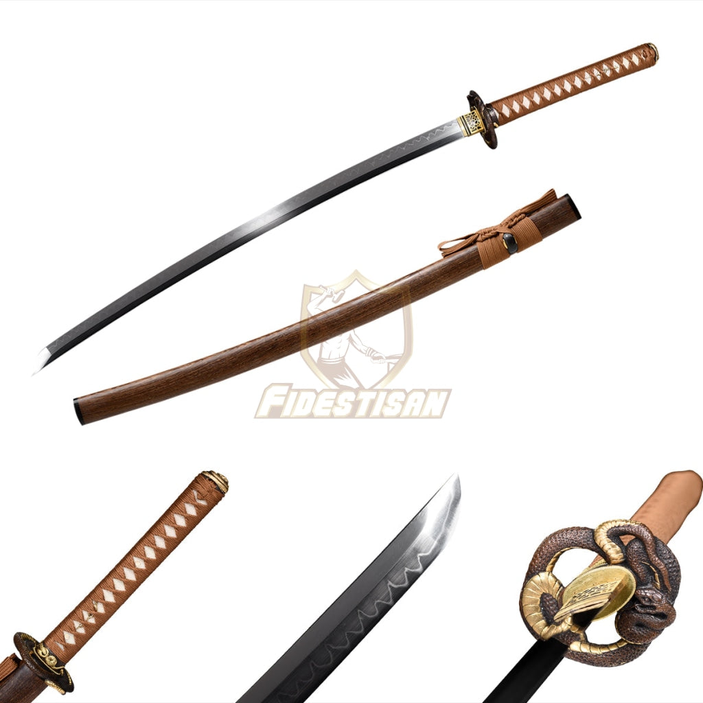 Fidestisan Handmade Katana Sword T10 Clay Tempered Snake Copper Tsuba