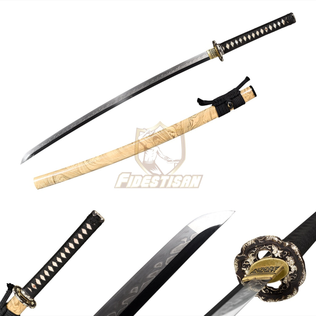 Fidestisan Japanese Real Hamon Sword Katana T10 Steel Blade Full Tang Clay Processes Copper Tsuba