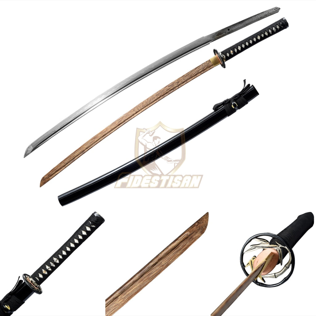 Handmade 40 Inch Katana Two Blade In Total Wooden+T10 Steel Clay Tempered Lron Tsuba Practice