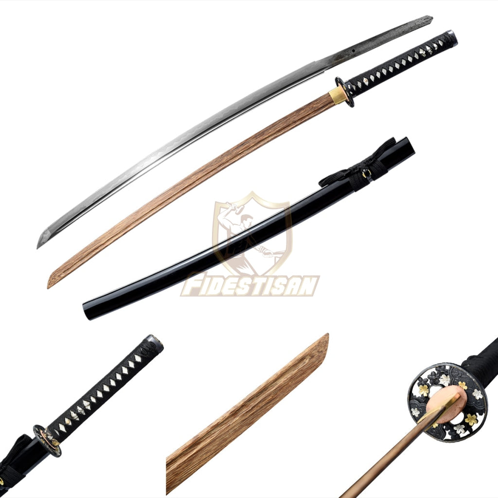 Handmade 40 Inch Katana Two Blade In Total Wooden+T10 Steel Clay Tempered Lron Tsuba Practice