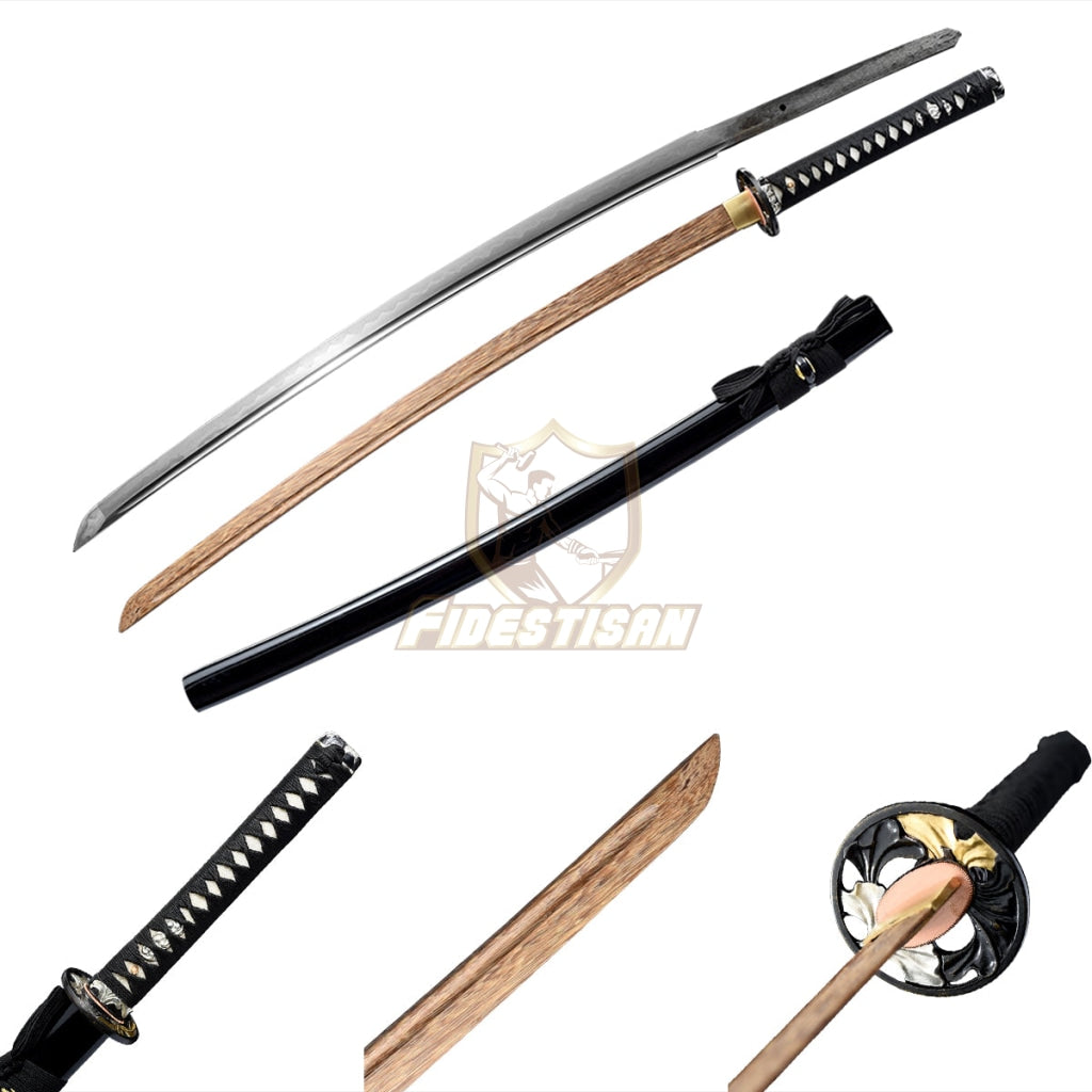 Handmade 40 Inch Katana Two Blade In Total Wooden+T10 Steel Clay Tempered Lron Tsuba Practice