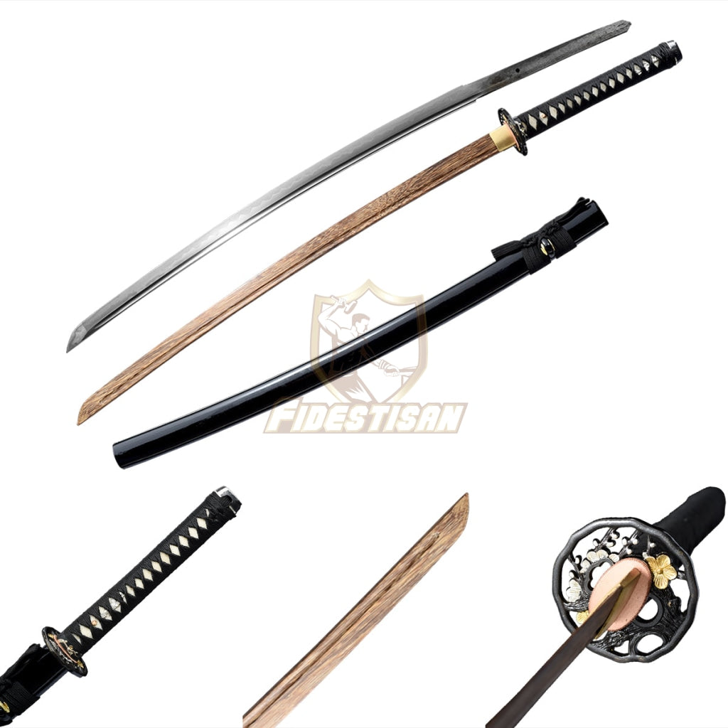 Handmade 40 Inch Katana Two Blade In Total Wooden+T10 Steel Clay Tempered Lron Tsuba Practice