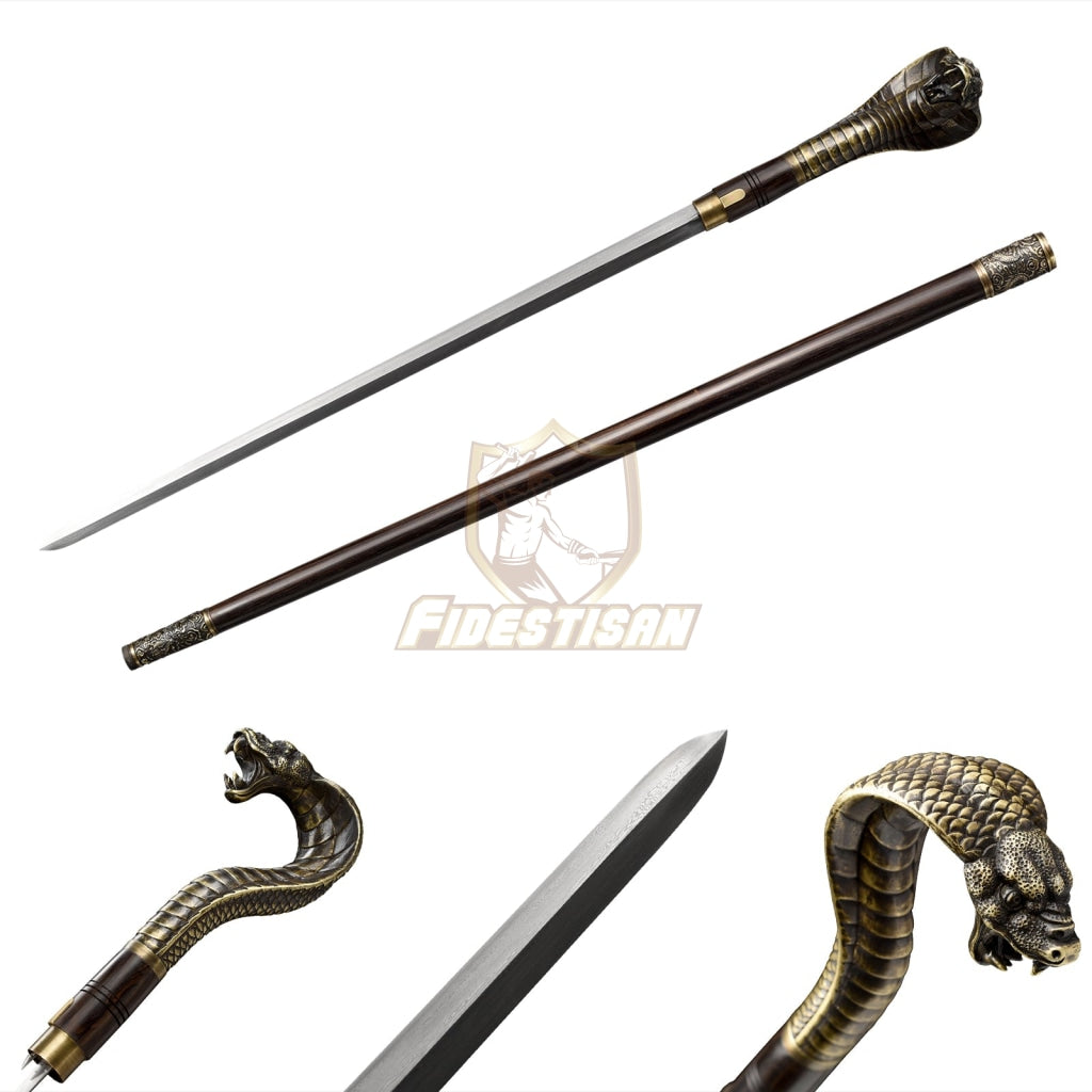 Opcn304 36Inch Walking Sticks Sword Damascus Steel Rosewood Carving Hand Copper Accessories Snake