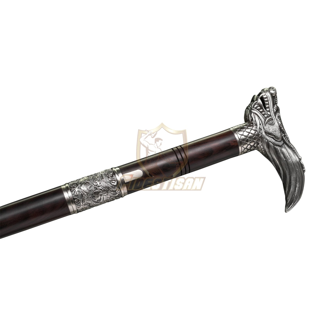 Opcn305 Dragon Theme 36Inch Walking Sticks Sword Damascus Steel Rosewood Carving Hand White Copper