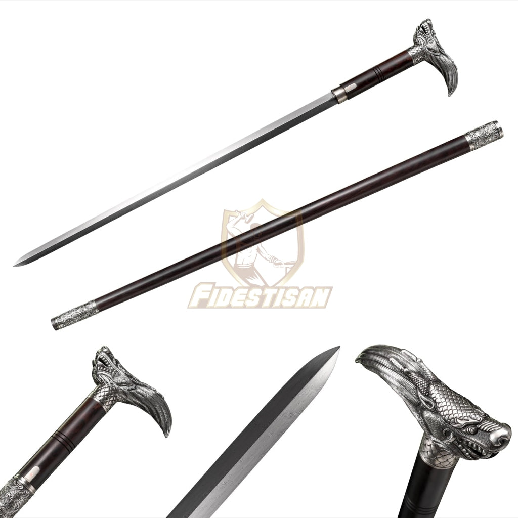 Opcn305 Dragon Theme 36Inch Walking Sticks Sword Damascus Steel Rosewood Carving Hand White Copper