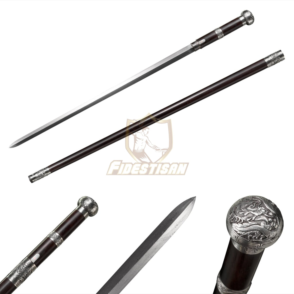 Opcn306 36Inch Dragon Theme Walking Sticks Sword Damascus Steel Rosewood Carving Hand White Copper